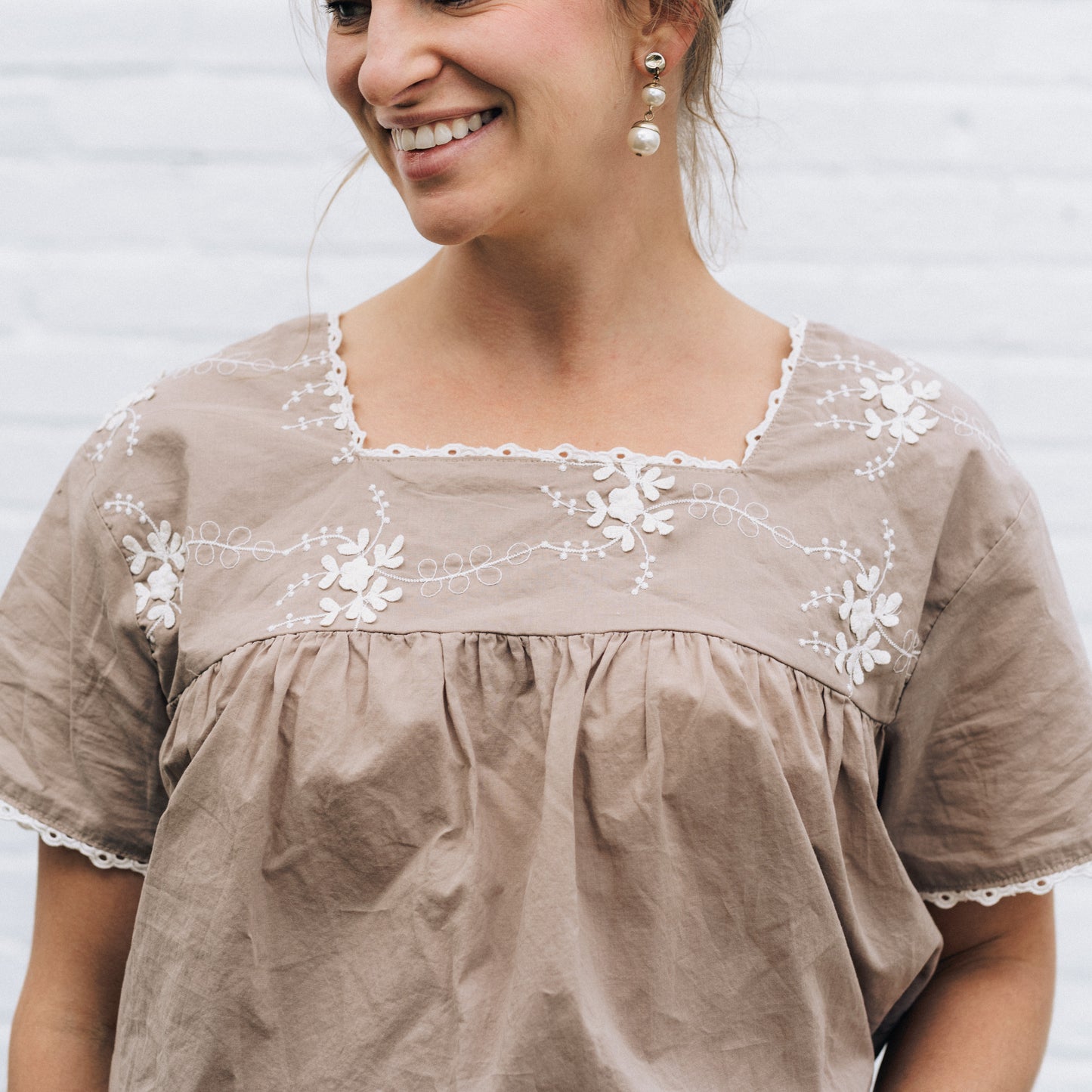 Embroidered Short Sleeve Peasant Blouse- Women