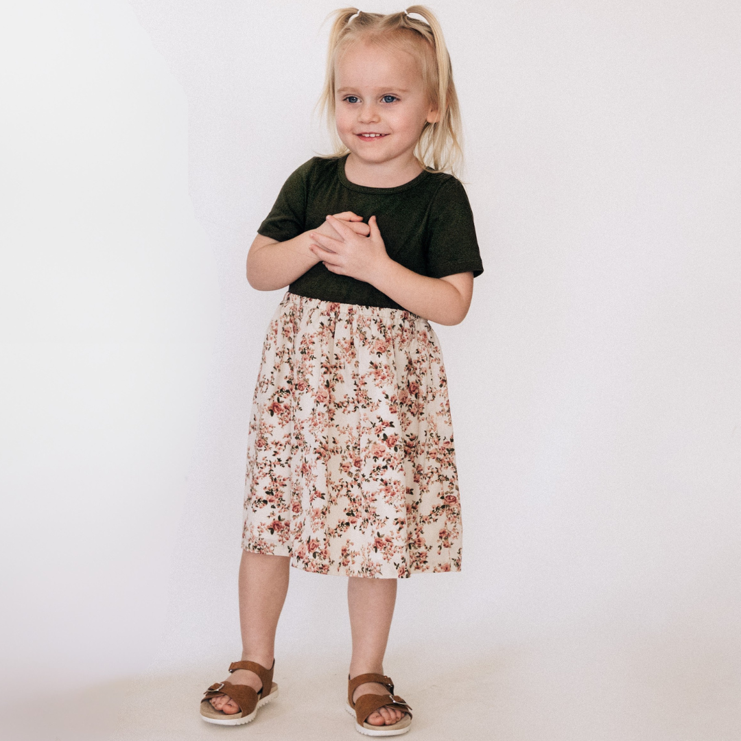Olive Green Floral Dress - Child