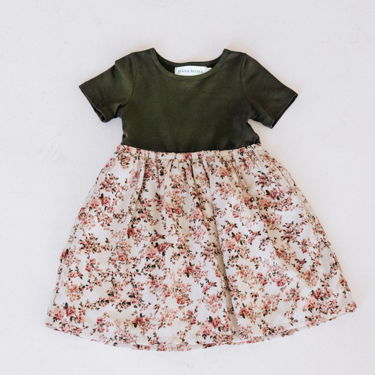 Olive Green Floral Dress - Child