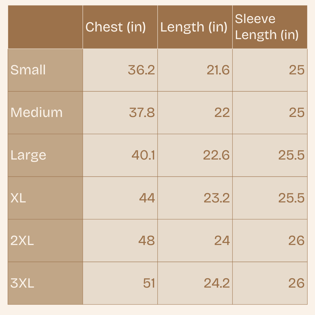 Size chart for shirts with chest, length, and sleeve length measurements.