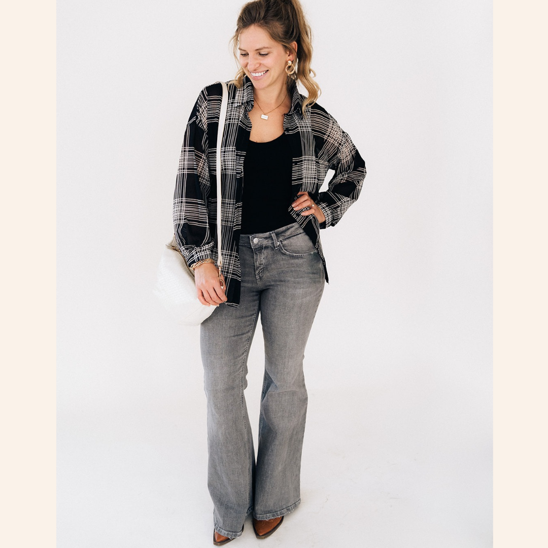 Black Plaid Ice Silk Shirt- Women