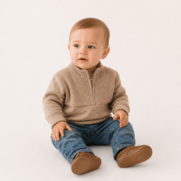 Quarter Zip Sweater Sand - Infant - HAHA MAMA Clothing