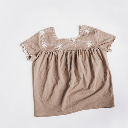 Embroidered Short Sleeve Peasant Blouse- Women