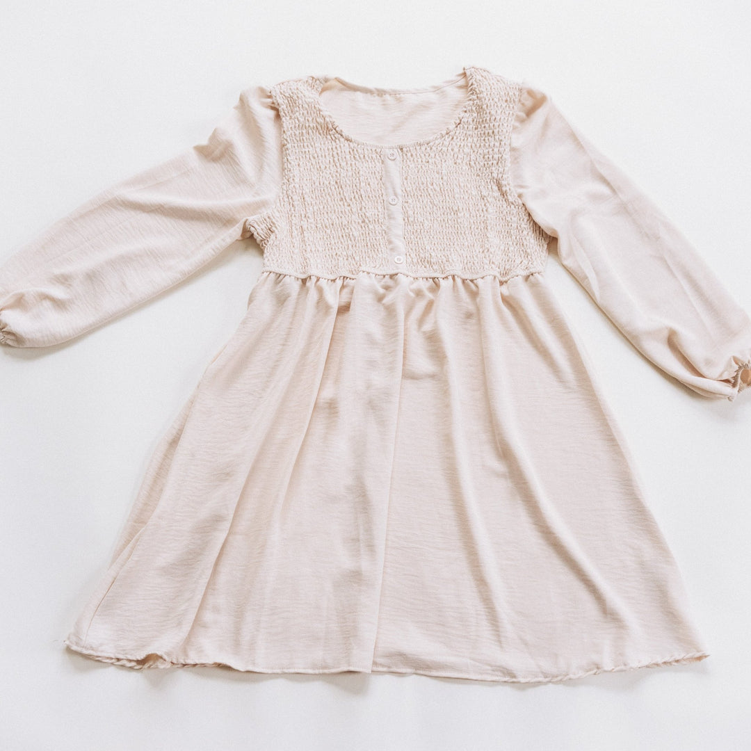 Neutral Off - White Smocked Long Sleeve Midi Dress - Women - HAHA MAMA Clothing
