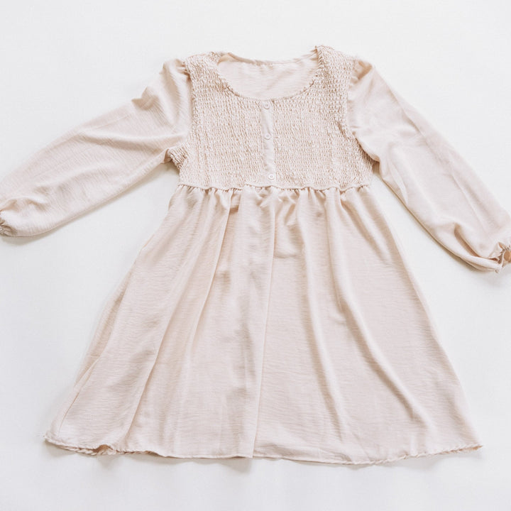 Neutral Off - White Smocked Long Sleeve Midi Dress - Women - HAHA MAMA Clothing