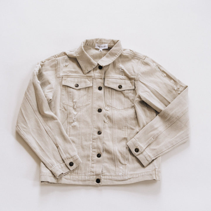 Khaki Distressed Denim Jean Jacket - Women - HAHA MAMA Clothing