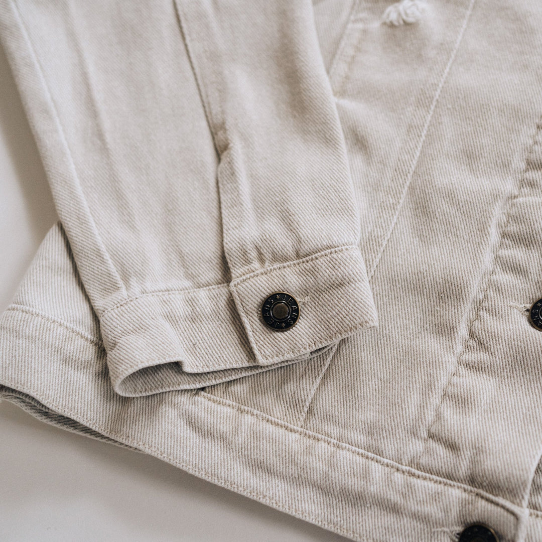 Khaki Distressed Denim Jean Jacket - Women - HAHA MAMA Clothing