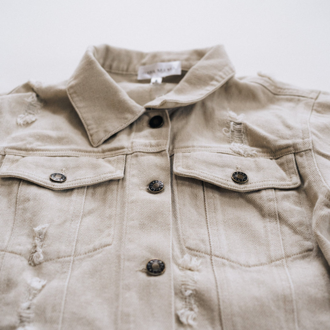 Khaki Distressed Denim Jean Jacket - Women - HAHA MAMA Clothing