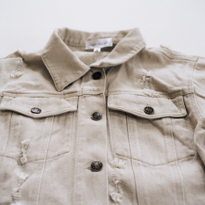 Khaki Distressed Denim Jean Jacket - Women - HAHA MAMA Clothing