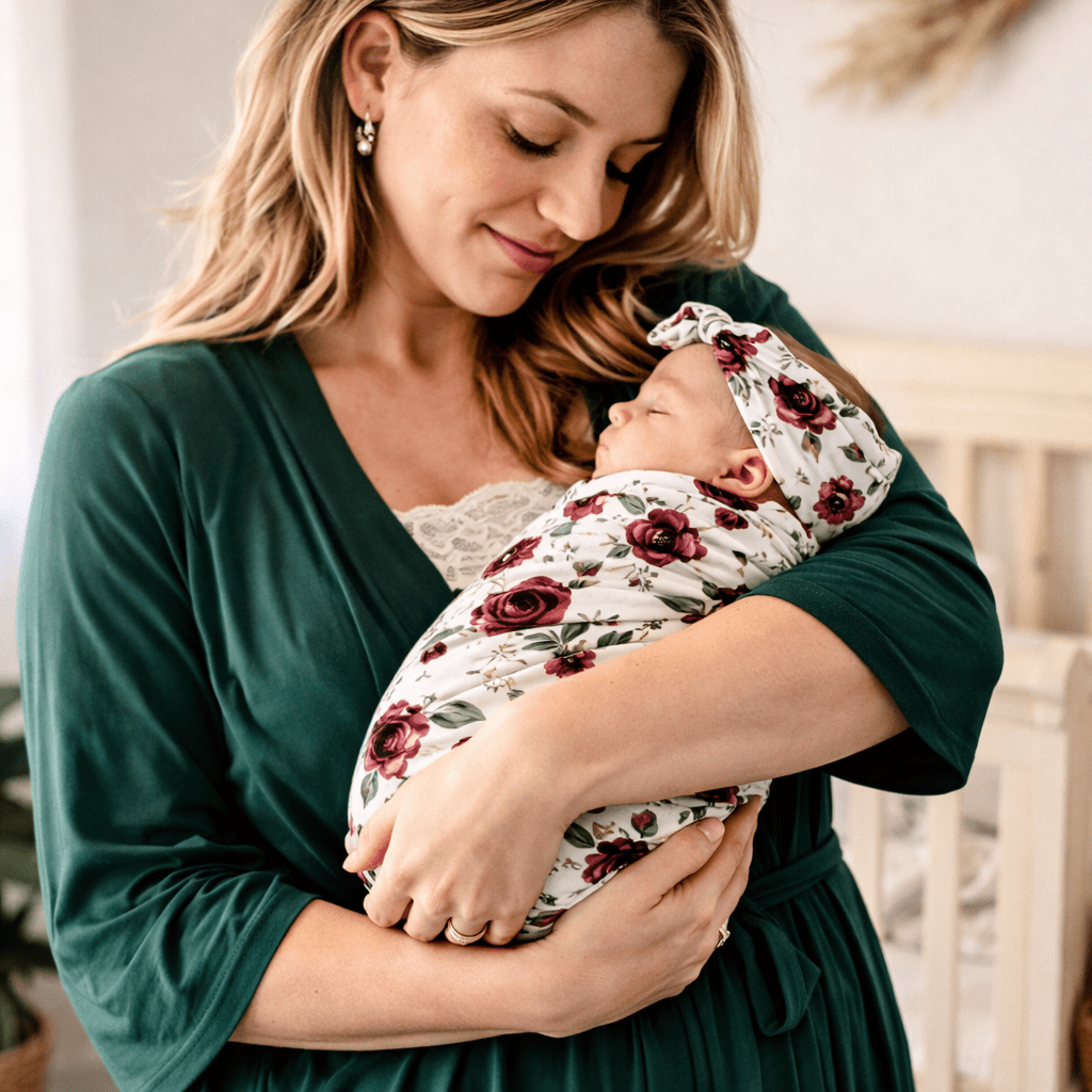 Emerald Green Maternity Delivery Gown & Red Rose Swaddle - HAHA MAMA Clothing