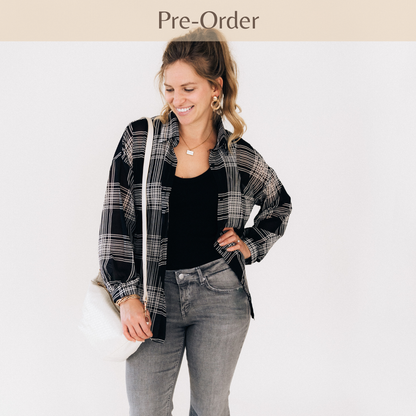 Black Plaid Ice Silk Shirt- Women