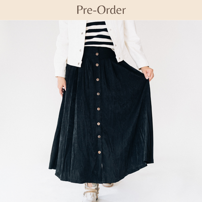 Belted Black Maxi Skirt With Buttons- Women