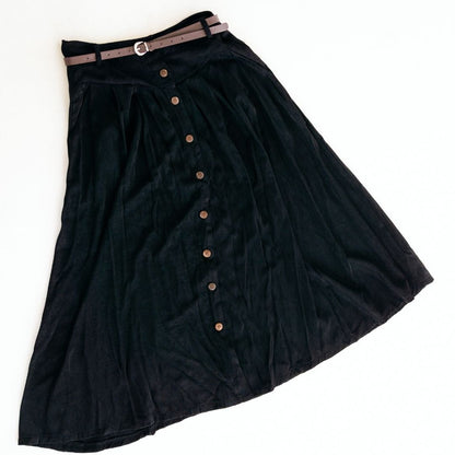 Belted Black Maxi Skirt With Buttons- Women
