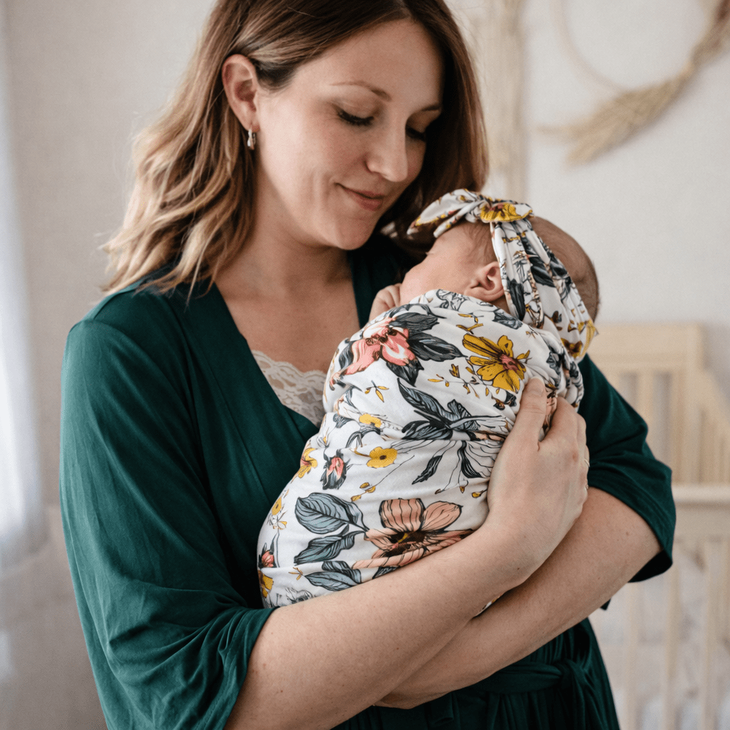Emerald Green Maternity Delivery Gown & Vintage Floral Swaddle - HAHA MAMA Clothing