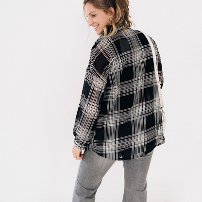 Black Plaid Ice Silk Shirt- Women