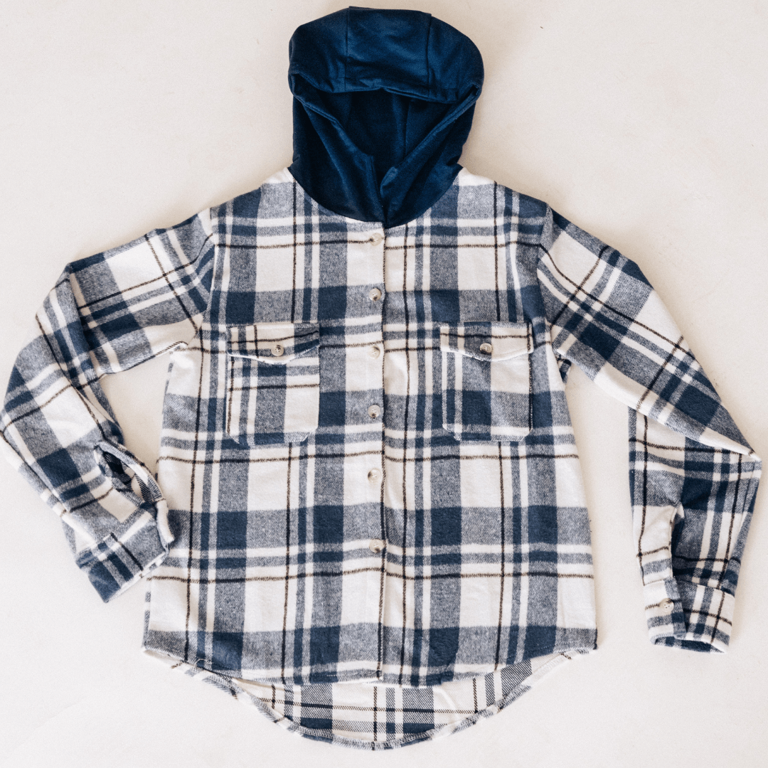 Navy Plaid Flannel - Hooded Adult - HAHA MAMA Clothing