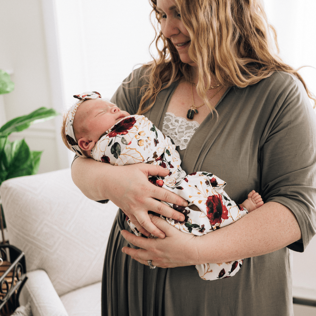 Sage Green Maternity Delivery Gown & Red Rose Swaddle - HAHA MAMA Clothing