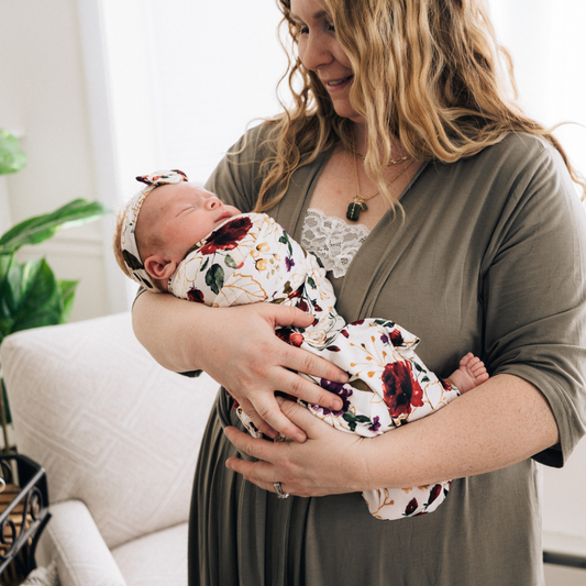 Sage Green Maternity Delivery Gown & Red Rose Swaddle