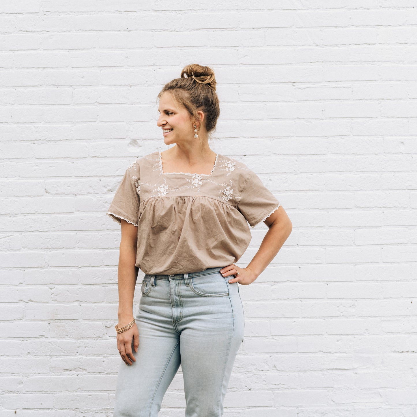 Embroidered Short Sleeve Peasant Blouse- Women