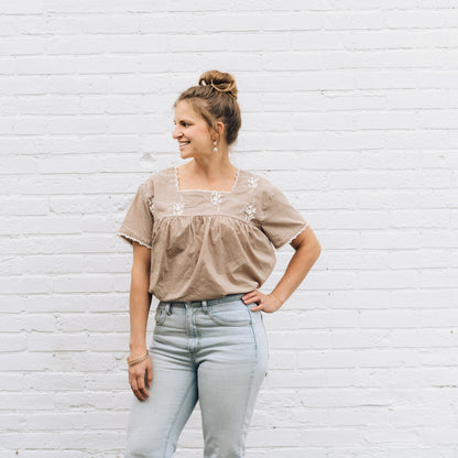 Embroidered Short Sleeve Peasant Blouse- Women