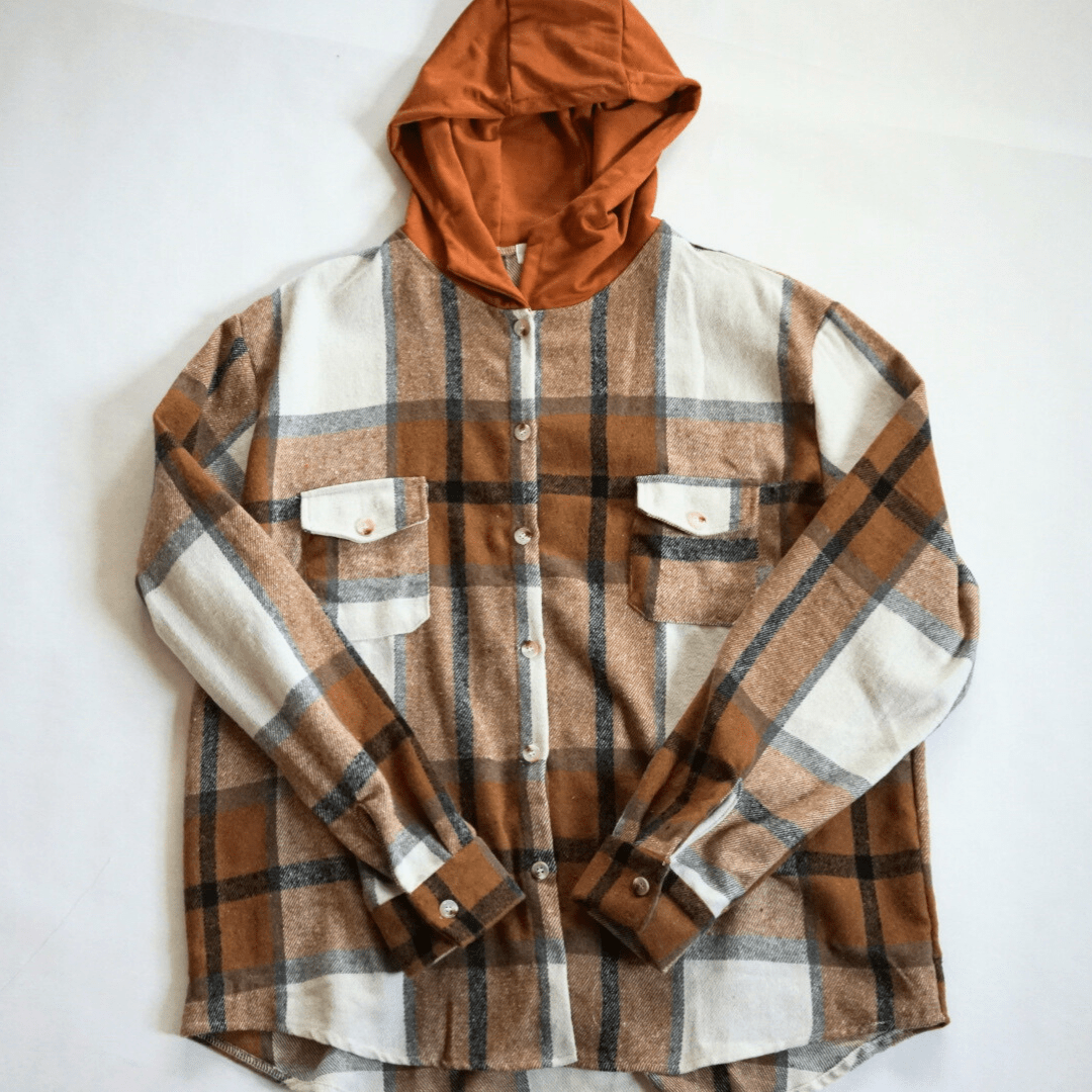 Hooded Brown & Gray Flannel Jacket - Adult - HAHA MAMA Clothing
