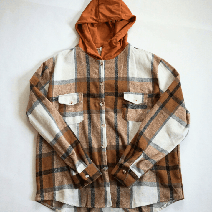 Hooded Brown & Gray Flannel Jacket - Adult - HAHA MAMA Clothing