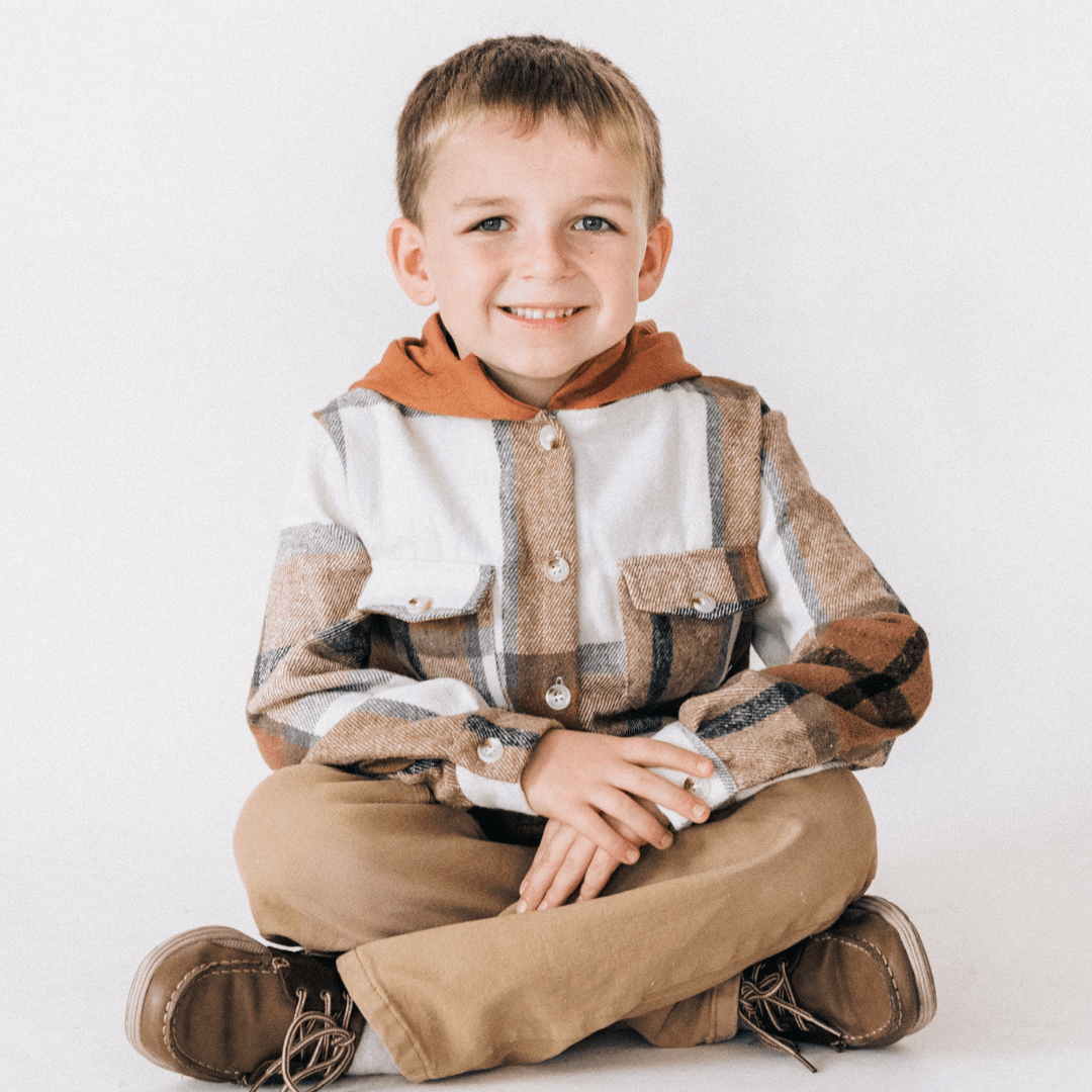 Hooded Brown & Gray Flannel Jacket - Child - HAHA MAMA Clothing