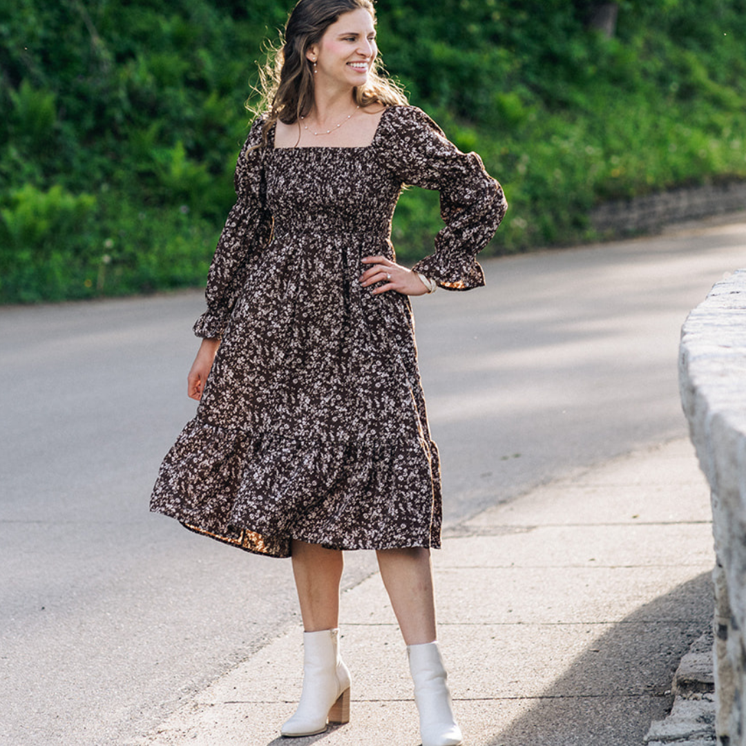 Dainty Floral Brown Dress- Women