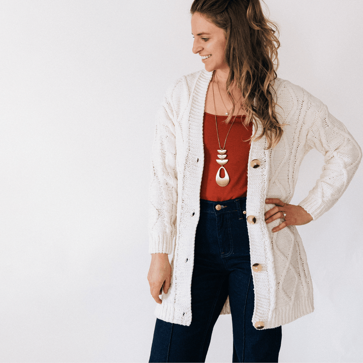 Ivory Cable Knit Cardigan - Women - HAHA MAMA Clothing