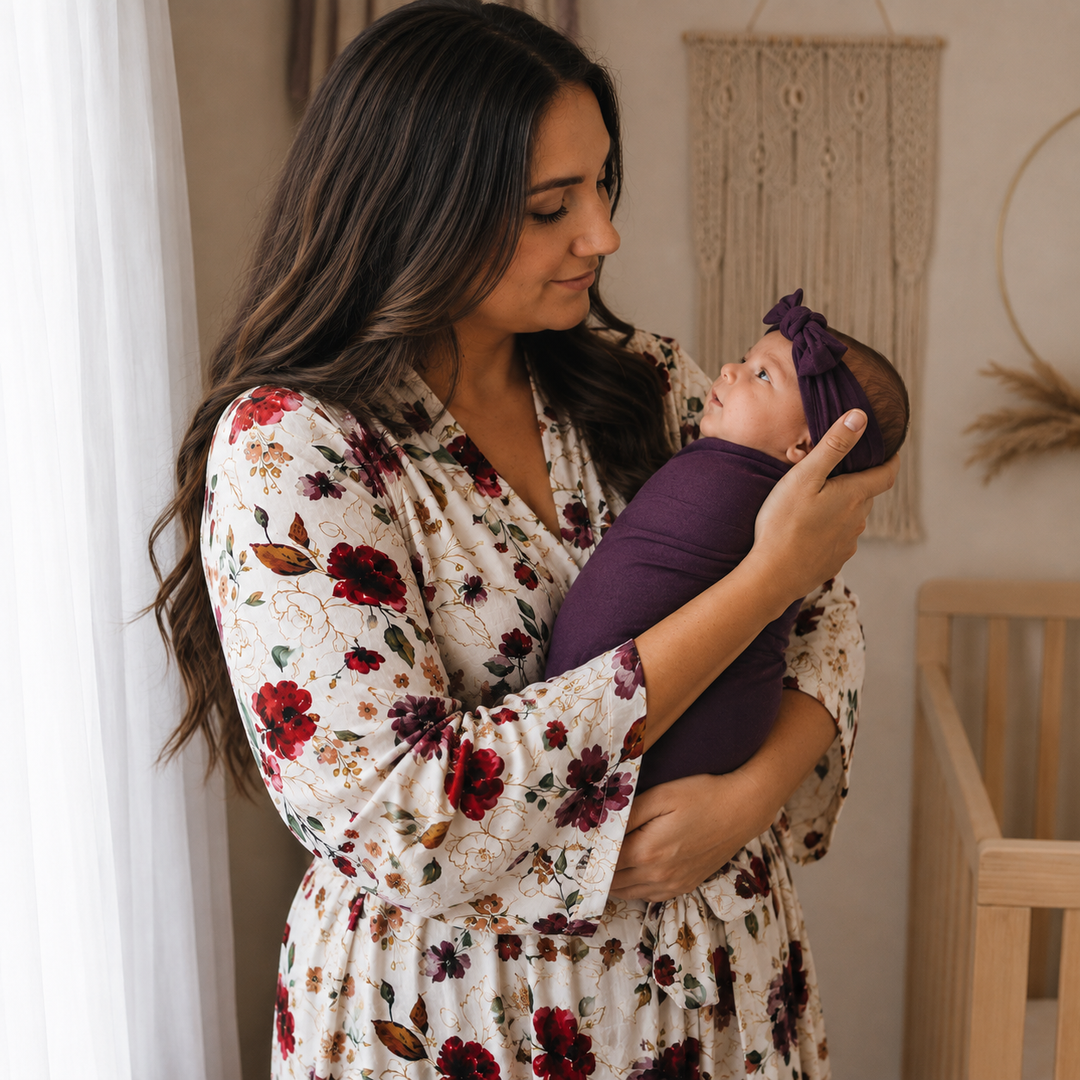 Red Rose Maternity Delivery Gown & Purple Swaddle
