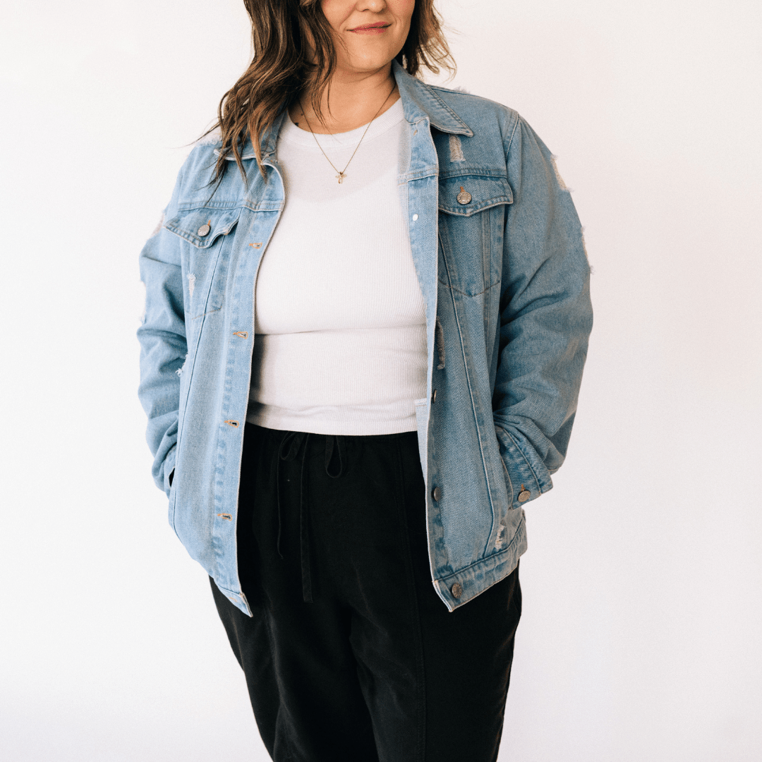 Distressed Denim Jean Jacket - Women - HAHA MAMA Clothing