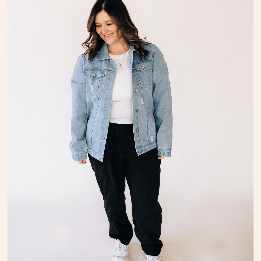 Distressed Denim Jean Jacket - Women - HAHA MAMA Clothing