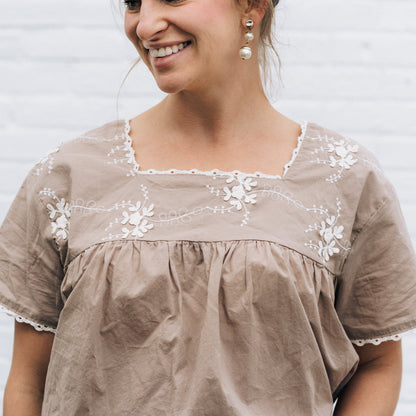 Embroidered Short Sleeve Peasant Blouse- Women