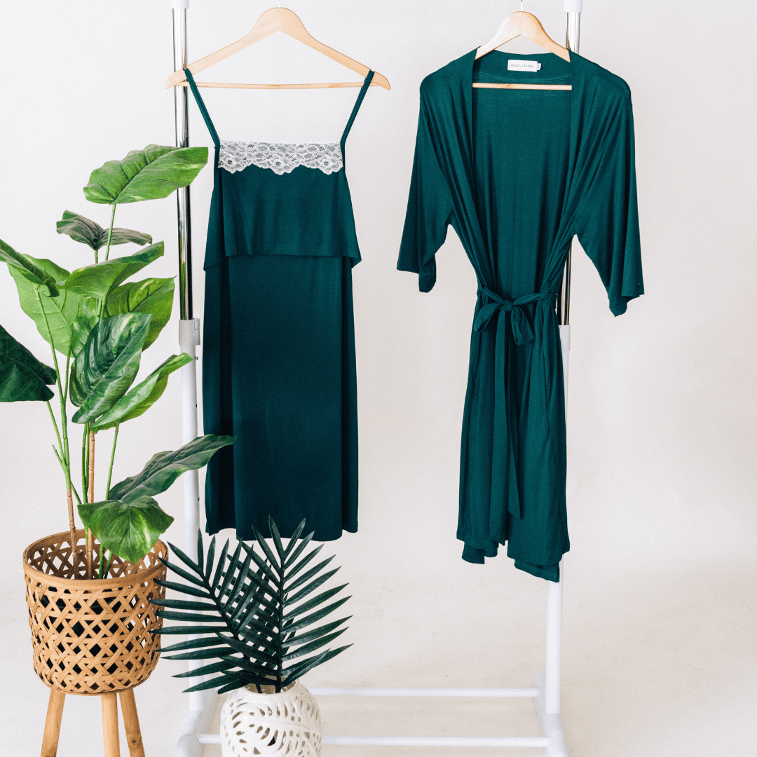 Emerald Green Maternity Delivery Gown & Vintage Floral Swaddle - HAHA MAMA Clothing