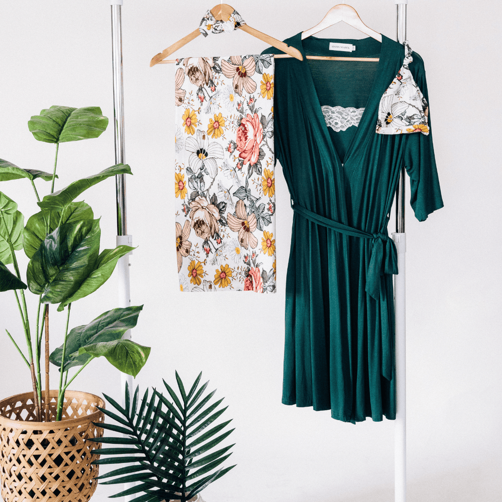 Emerald Green Maternity Delivery Gown & Vintage Floral Swaddle - HAHA MAMA Clothing