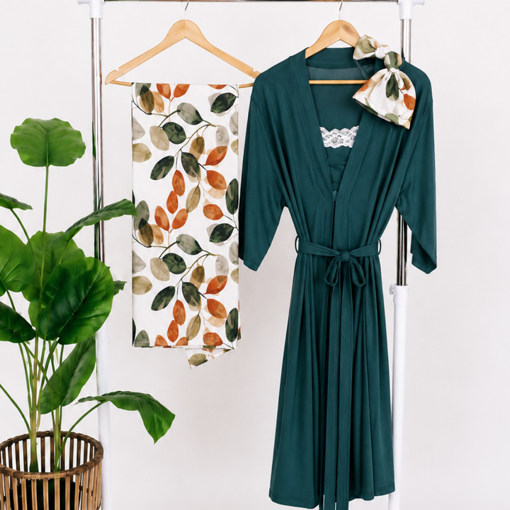 Emerald Green Maternity Delivery Gown & Leafy Swaddle