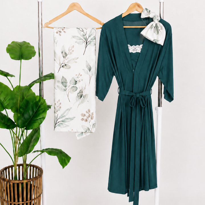 Emerald Green Maternity Delivery Gown & Leafy Swaddle
