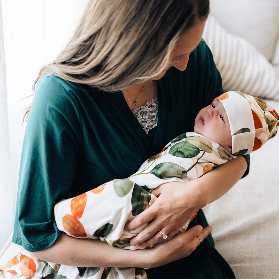 Emerald Green Maternity Delivery Gown & Leafy Swaddle