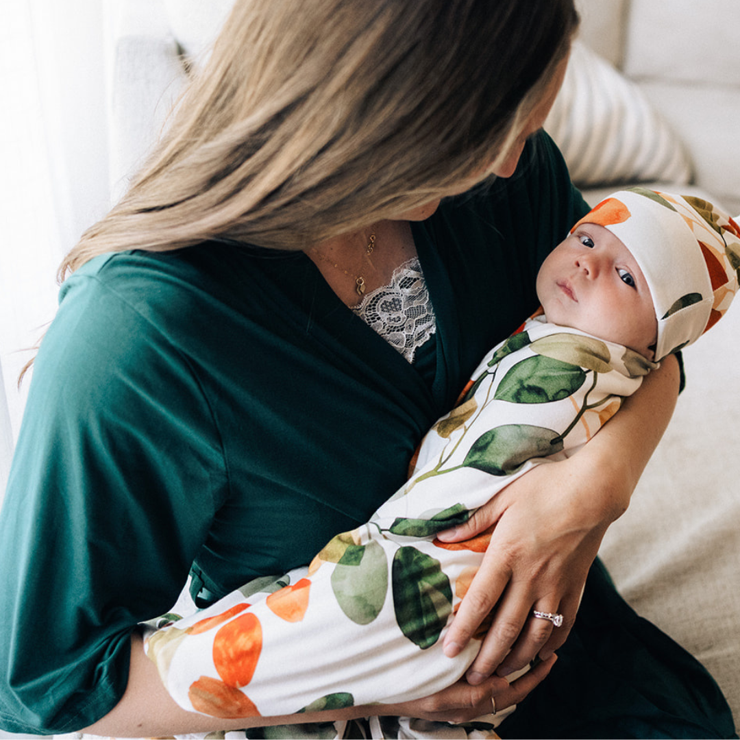 Emerald Green Maternity Delivery Gown & Leafy Swaddle