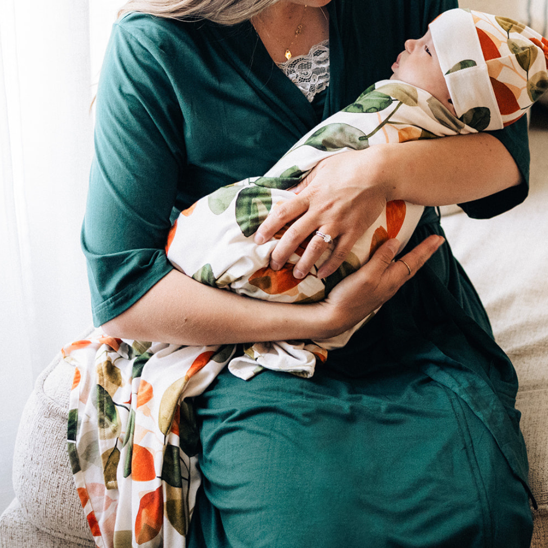 Emerald Green Maternity Delivery Gown & Leafy Swaddle