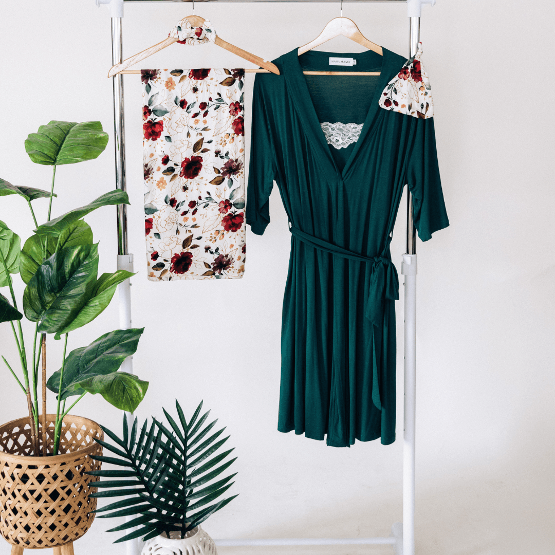 Emerald Green Maternity Delivery Gown & Red Rose Swaddle - HAHA MAMA Clothing