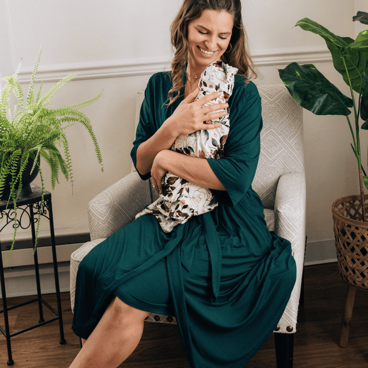 Emerald Green Maternity Delivery Gown & Red Rose Swaddle - HAHA MAMA Clothing