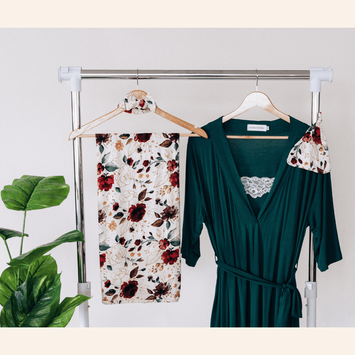 Emerald Green Maternity Delivery Gown & Red Rose Swaddle - HAHA MAMA Clothing