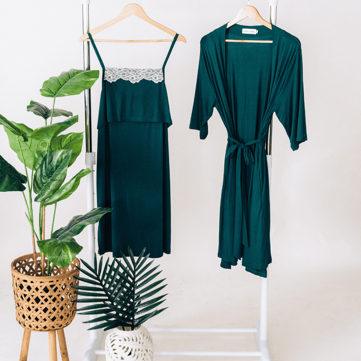 Emerald Green Maternity Delivery Gown & Red Rose Swaddle - HAHA MAMA Clothing