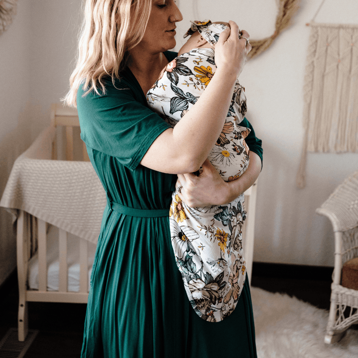 Emerald Green Maternity Delivery Gown & Vintage Floral Swaddle - HAHA MAMA Clothing