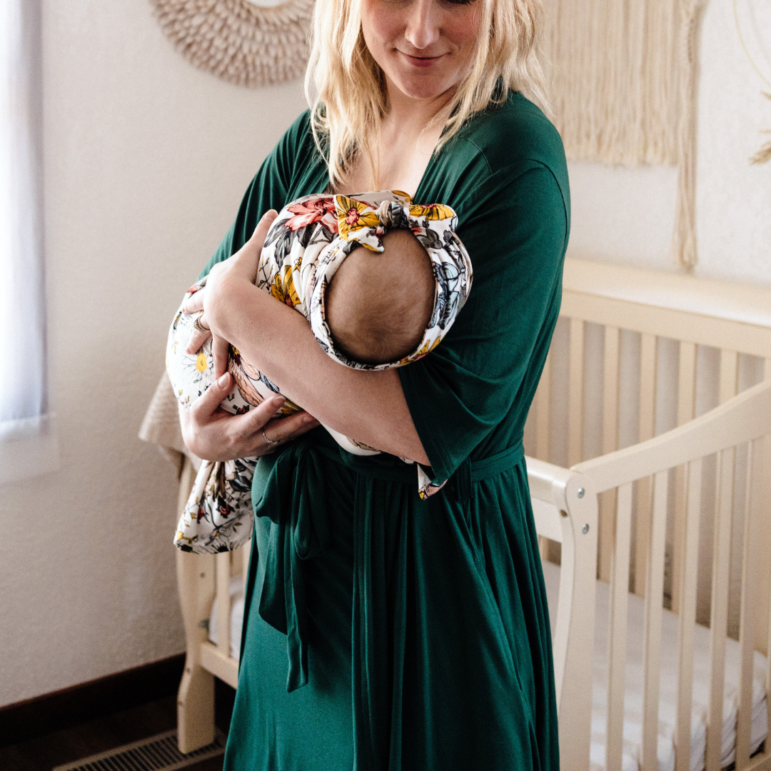 Emerald Green Maternity Delivery Gown & Vintage Floral Swaddle