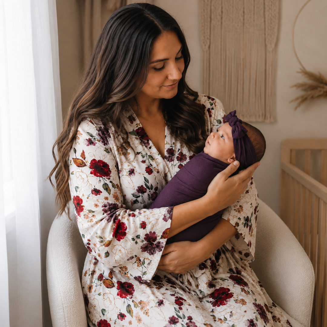 Red Rose Maternity Delivery Gown & Purple Swaddle