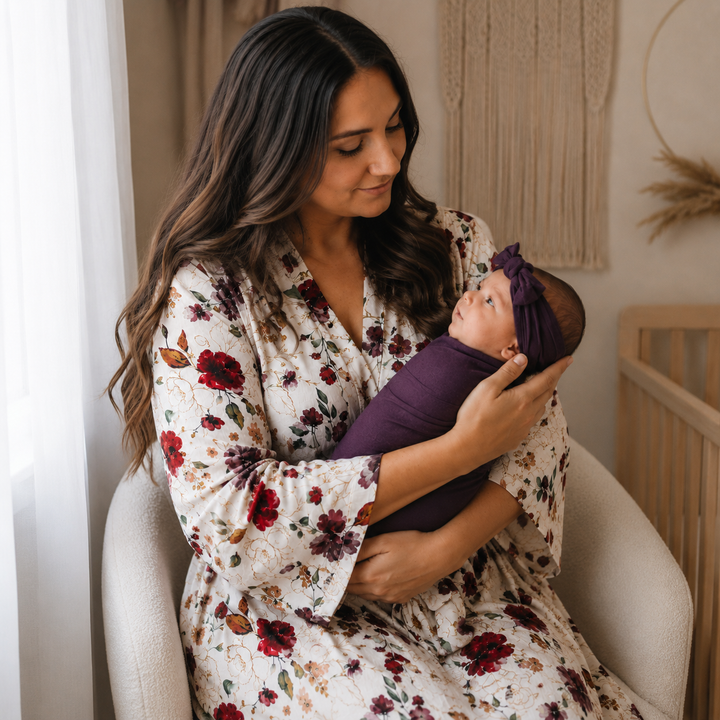Red Rose Maternity Delivery Gown & Purple Swaddle