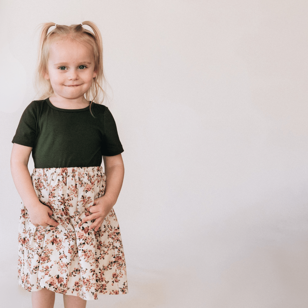 Olive Green Floral Dress - Child - HAHA MAMA Clothing