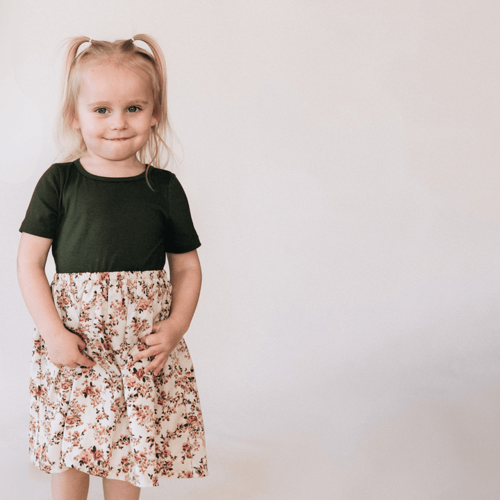 Olive Green Floral Dress - Child - HAHA MAMA Clothing